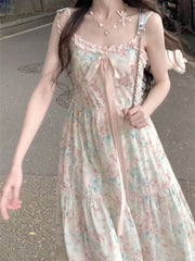 Aiertu 2024 Summer New Japanese Kawaii Y2k Midi Dress Women Casual Sweet Bow Splicing Flower Print Dress Korean Fashion Evening Party Aiertu