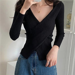 Aiertu Autumn Winter Knitwear Tops Fashion Female Long Sleeve Skinny Elastic Casual V-neck Knitted Shirts Women Pullover Sweaters Aiertu