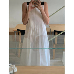AIERTU - Korean Style Chic Versatile Color Block Wide Shoulder Strap Pleated Design Dress Street Style Summer Casual Women's Dress Aiertu