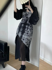 Aiertu Summer Vintage Black 2 Piece Dress Set Women Turtleneck Y2k Crop Tops Even Party Strap Midi Dress Slim Fashion Suit Chic Aiertu