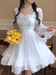 Aiertu White Kawaii Dress Women Chiffon Lolita Style Long Sleeve Mini Dresses Bow Fairy Robe Ruffles Patchwork Square Collar Aiertu