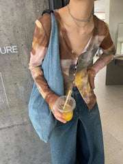 Aiertu See Through T Shirt Women Long Sleeve Y2k Tie Dye Korean Style Harajuku Tee Shirt Femme Ladies Mesh Tops T-shirts 90s Aiertu