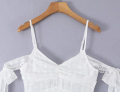 AIERTU - Summer White Lace Mini Dress Women Off Shoulder Tie Detail Sleeve V Neck Beach Party Irregular Dress Aiertu