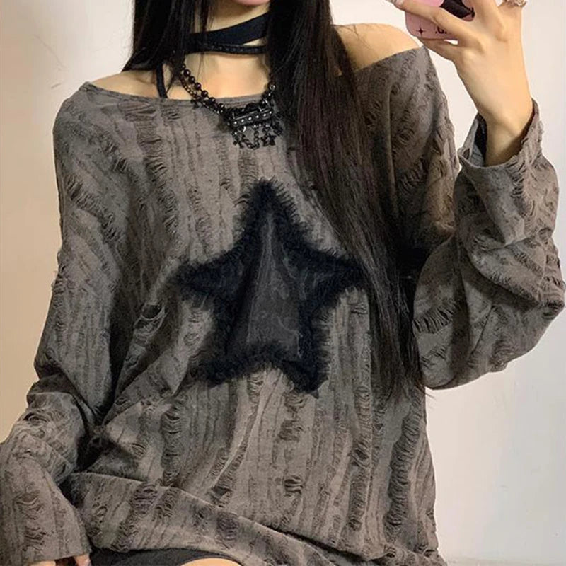 Aiertu Y2K Grunge Hole T-Shirt Star Print Ripped Streetwear Off Shoulder Tops Vintage Harajuku Oversized Kpop Long Sleeveloose Tees Aiertu