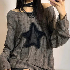 Aiertu Y2K Grunge Hole T-Shirt Star Print Ripped Streetwear Off Shoulder Tops Vintage Harajuku Oversized Kpop Long Sleeveloose Tees Aiertu