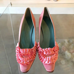 AIERTU - Blush Pink Satin Pointed-Toe High Heels Ruffled Frill Trim Contrast Sky Blue Lining Elegant Sweet Women's Low-Cut Shoes Aiertu