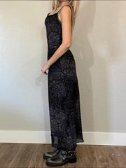 Retro Chic Floral Printed Mesh Spaghetti Strap Dress Y2K Aesthetics High Waist Ankle-Length Long Dress Fairycore Grunge Aiertu
