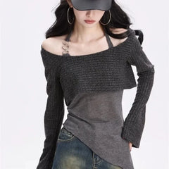 Y2k Off Shoulder Knitted Women T-shirts Set Sexy Korean Style Asymmetric Halter Tops Gyaru Crop Long Sleeve Autumn Tees Aiertu