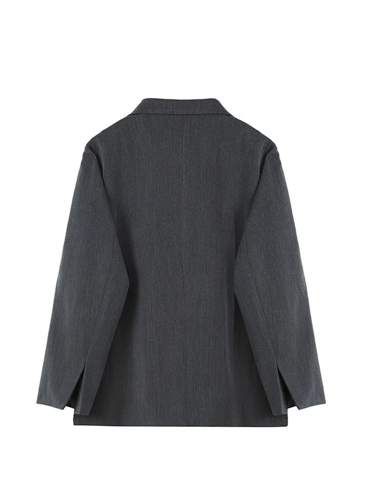Aiertu Grey Blazer Coat Women Korean Casual Loose Autumn Oversized Single-breasted Turndown Collar Long Sleeve Suit Jacket Female Aiertu