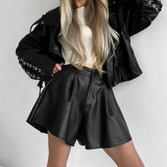 Aiertu Black Leather Shorts Women Autumn Winter Pleated High Waist Sexy Pu Shorts Casual Wide Leg Shorts Female Office Ladies aiertu