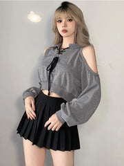Aiertu Y2K Vintage Gray Cropped Hoodies Women Harajuku Sexy Off Shoulder Sweatshirts Korean Loose Casual Chic Tops Gothic Kpop Aiertu