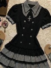 AIERTU - Summer Gothic Dark Plaid Design Sweet Cool Lace Splicing Grid Short Sleeve Pleate Dresses Women Y2k Trendy Double-Breasted Dress Aiertu
