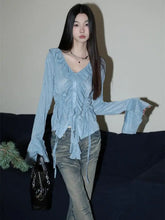 Aiertu Style Blue Blouse Women Long Sleeve Turn-down Collar Women Shirt Lace Up Ladies Tops Korean Fashion Chic Aiertu