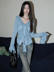 Aiertu Style Blue Blouse Women Long Sleeve Turn-down Collar Women Shirt Lace Up Ladies Tops Korean Fashion Chic Aiertu