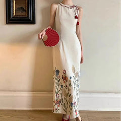 AIERTU - Women Dress New Chinese Style Printed Cheongsam Design Round Neck Tie Up Sleeveless Slim Fit Artistic Eetro Texture Long Dresses Aiertu