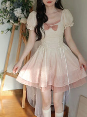 Aiertu Bubble Sleeve Kawaii Lolita Mini Dress Women Pink Bow Princess Sweet Party Cute Dress A-Line Elegant Fairy Dress 2024 Spring New Aiertu