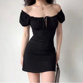 Aiertu DRESS TO IMPRESS Summer Sexy Mini Dress Women Short Sleeved Lace up Hollow Casual Backless Folds Bodycon Black Dress Party Elegant A-LINE Dresses aiertu