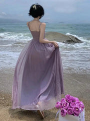 Aiertu Summer Purple Fairy Evening Party Long Dress Women Vintage Sexy Dresses Ladies Spaghetti Strap Tulle Pleated Dress Backless New Aiertu