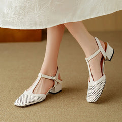 Women's New Spring/Summer Square Headed Genuine Leather Cowhide Hollow Breathable High Heel Large Headed Muller Sandals Aiertu