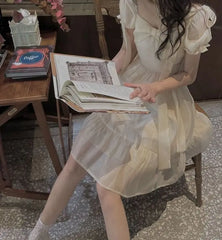 Aiertu Autumn Sweet Puff Sleeve Fairy Dress Women Bow Vintage Casual Princess Mini Dress Female Solid Japanese Kawaii Party Dress Aiertu