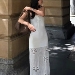 AIERTU - Hollow Flower Tube Top Knitted Dress Casual Style Waist Versatile Breathable Sleeveless Straight Skirt Aiertu