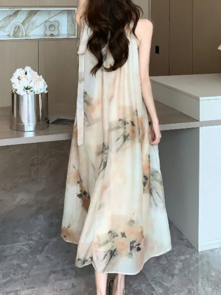 Aiertu Vintage Casual Floral Women Summer Dress Sleeveless Elegant A-Line Party Wedding Clothes Chic Belted Female Vestidos Mujers Aiertu