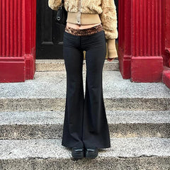 Aiertu Leopard Splice Elastic Waist Flare Leg Pants Aiertu