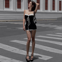 Aiertu Sexy Cross Bandage Patchwork Mini Dress Y2K Streetwear Spaghetti Straps Low-cut Dresses Summer Casual Party Vestidos Aiertu