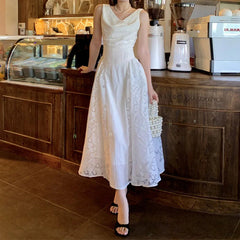 AIERTU - Women Dress Retro Lace Pattern Splicing Swinging Collar Sleeveless High Waist Solid Color Simple Vest Style Sling Long Dresses Aiertu