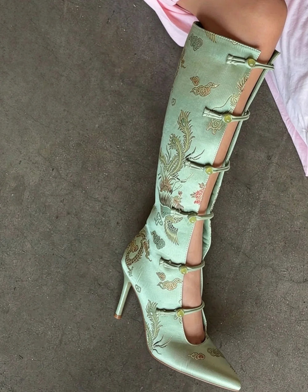 AIERTU - Retro Chinese Style Satin Pointed-Toe Knee Boots Brocade Embroidery Stiletto Heels Cutouts Design Unique Footwear Aiertu