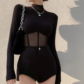 Aiertu Mesh Patchwork Fashion O-Neck Long Sleeve Tops Fishbone Tunic For Slim Sexy Crop Top Women 2024 Y2K Street T-Shirts aiertu