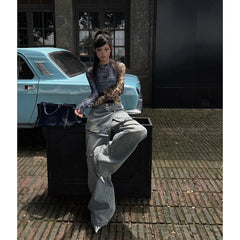 Aiertu 2024 Summer Women's Casual Blue Harajuku Jeans Vintage Loose Fit Washed Pants Y2K Wide Leg Punk Baggy Pockets Denim Trouser Aiertu