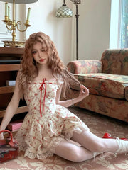 Aiertu 2024 New Sweet Floral Dress Set Woman Casual Red Short Cardigan Elegant Lace Y2k Mini Dress Beach Korean Fashion Clothing Suit Aiertu