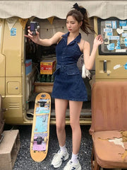 Aiertu Summer Retro Blue Turn-down Collar Off Shoulder Button Denim Mini Dress Women Sleeveless High Waist A-line Jeans Short Dress New Aiertu