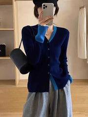 Aiertu Autumn Knit Cardigan Girls Patchwork Long Sleeve Sweater Shirts Woman Contrast Color Knitted Tops Aiertu