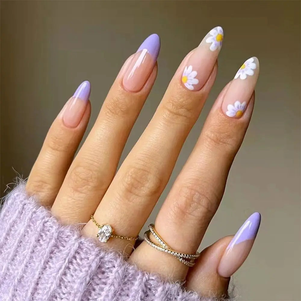 Aiertu 24pcs/Box Ballerina Nail Tip Purple with Design Manicure Patches Fresh Floral Almond False Nails Press on Med Nails Detachable Aiertu