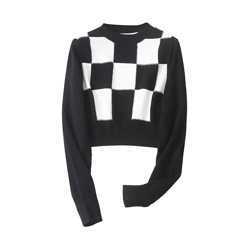 AIERTU - Trendy Women Autumn Plaid Knitted Crop Sweater Long Sleeve Pullover Knitwear Short Jumper Aiertu
