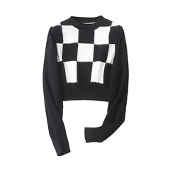 AIERTU - Trendy Women Autumn Plaid Knitted Crop Sweater Long Sleeve Pullover Knitwear Short Jumper Aiertu