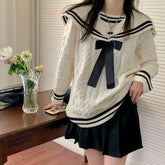Winter New Women Sets Preppy Style Cute Sailor Collar Sweater Pleated Solid Color Short Skirt Female Vintage Knit Top Mini Skirt Aiertu