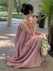 Aiertu Pink Halter Sexy Club Loose Pleated Bandage Large Swing Long Dress Elegant Holiday Party Dress For Women Summer Simplicity Aiertu