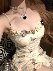Aiertu Sweet Floral Party Mini Dress Women Summer New Korean Printing Floral Y2k Dress Female Slim Chic Strap Beach Designer Dress 2024 Aiertu
