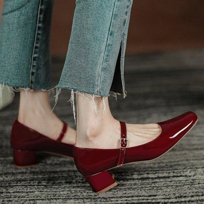 New Women's Red Black Mary Janes Shoes High Quality Leather Low Heel Dress Shoes Square Toe Shallow Buckle Strap Women's Shoes Aiertu