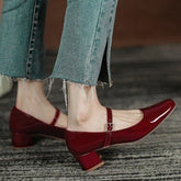 New Women's Red Black Mary Janes Shoes High Quality Leather Low Heel Dress Shoes Square Toe Shallow Buckle Strap Women's Shoes Aiertu