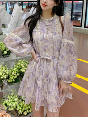 Aiertu French Vintage Y2k Mini Dress Women Long Sleeve Flroal Lace Dress Beach Style Korean Fashion Party Dress Office Lady Summer Aiertu