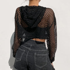 Aiertu Street Style Fishnet Holes T Shirt See Through Hollow Out Hooded Full Sleeve Crop Top Women Casual Loose Shirt Smock Fall Aiertu