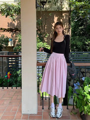 Aiertu Spring And Autumn New Fashion Women's Sweet Elegant High Waist Pleated Pink Zipper Half Length A-line Long Skirt Lady Sexy Party Aiertu