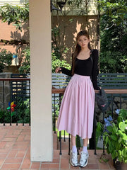 Aiertu Spring And Autumn New Fashion Women's Sweet Elegant High Waist Pleated Pink Zipper Half Length A-line Long Skirt Lady Sexy Party Aiertu