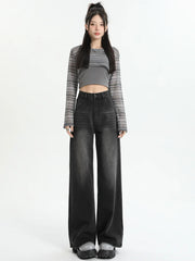 Aiertu Black Gray American Retro Jeans Wide Leg Baggy Pants Streetwear Trousers Y2k Fashion Spice Girls Denim Pants Straight Jeans aiertu