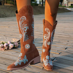 Aiertu Women's Boots Winter New Embroidered Long Tube Boots Low Heel Calf Waterproof Cold Resistant Comfort Fashion Knight Boots Aiertu