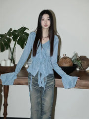 Aiertu Style Blue Blouse Women Long Sleeve Turn-down Collar Women Shirt Lace Up Ladies Tops Korean Fashion Chic Aiertu